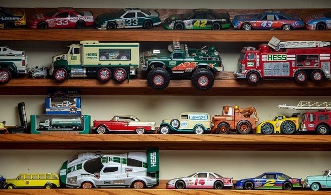 Vintage toy trucks collection at Belmont's Garage